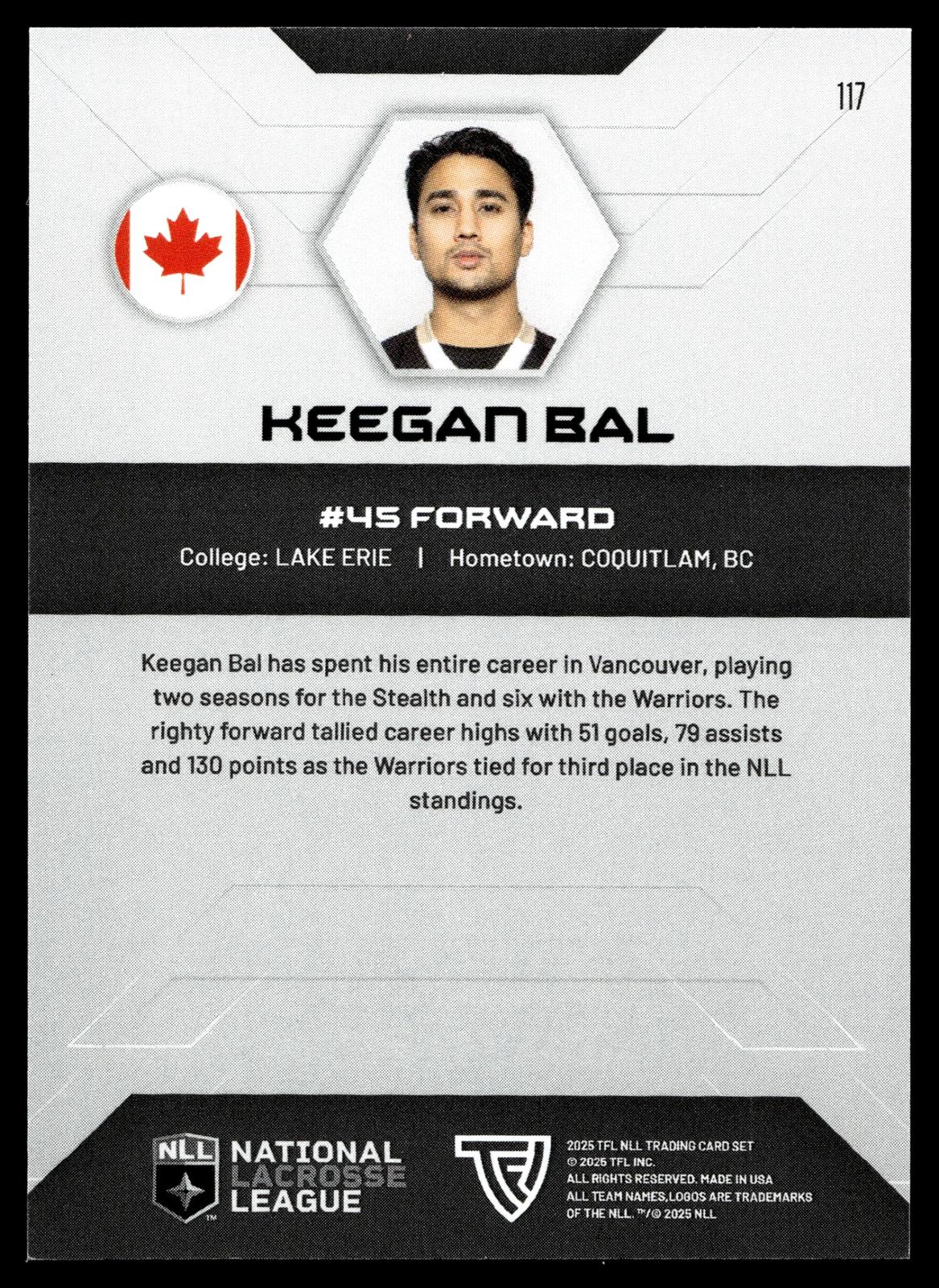 Keegan Bal 2025 TFL Sports NLL Vancouver Warriors Home Floor 60/75 #117