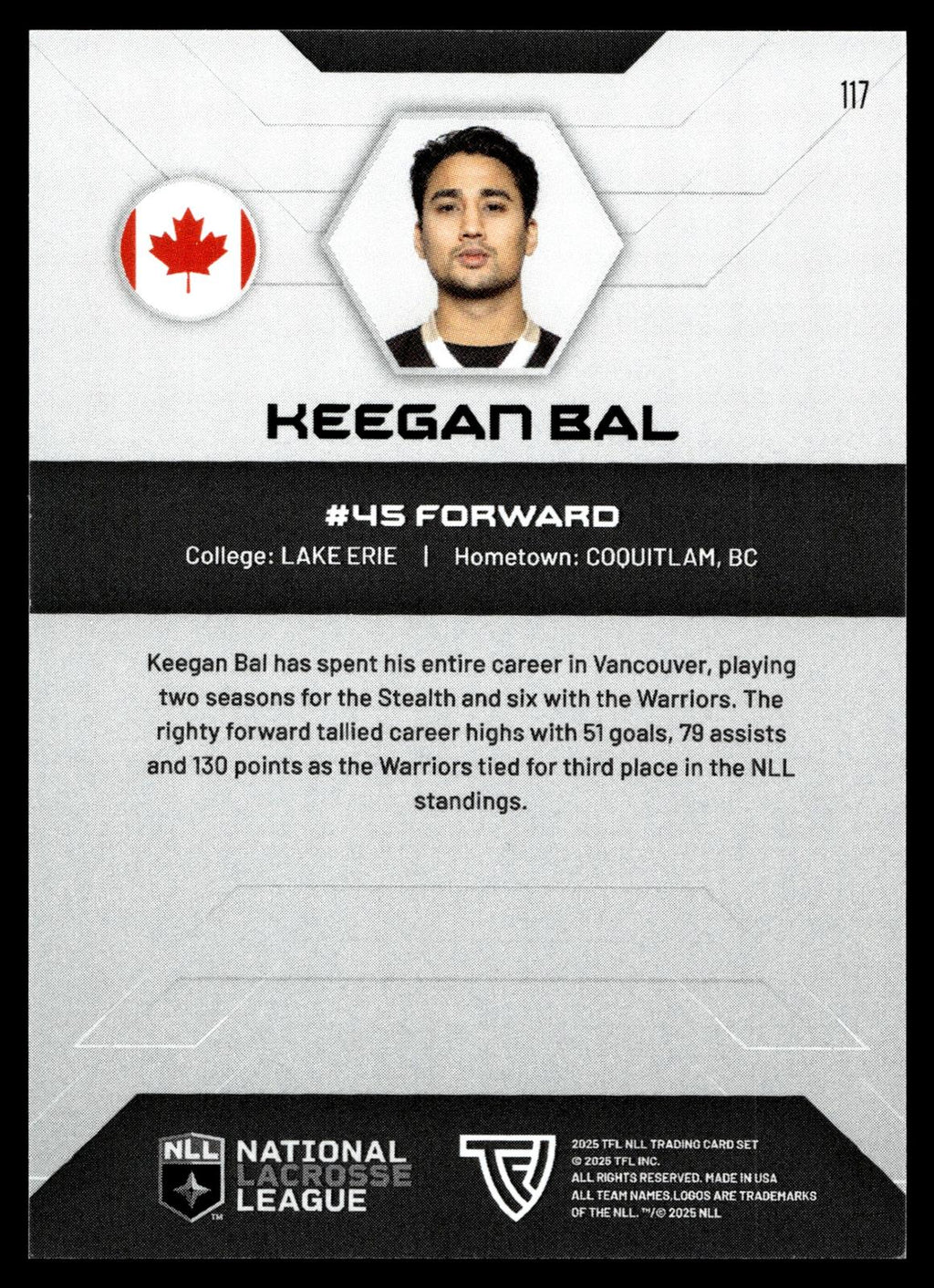 Keegan Bal 2025 TFL Sports NLL Vancouver Warriors Home Floor 57/75 #117