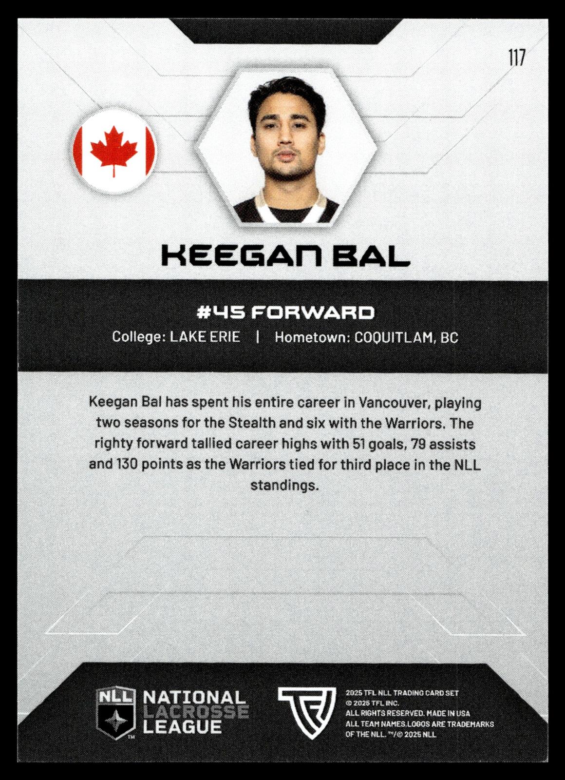 Keegan Bal 2025 TFL Sports NLL Vancouver Warriors Home Floor 57/75 #117