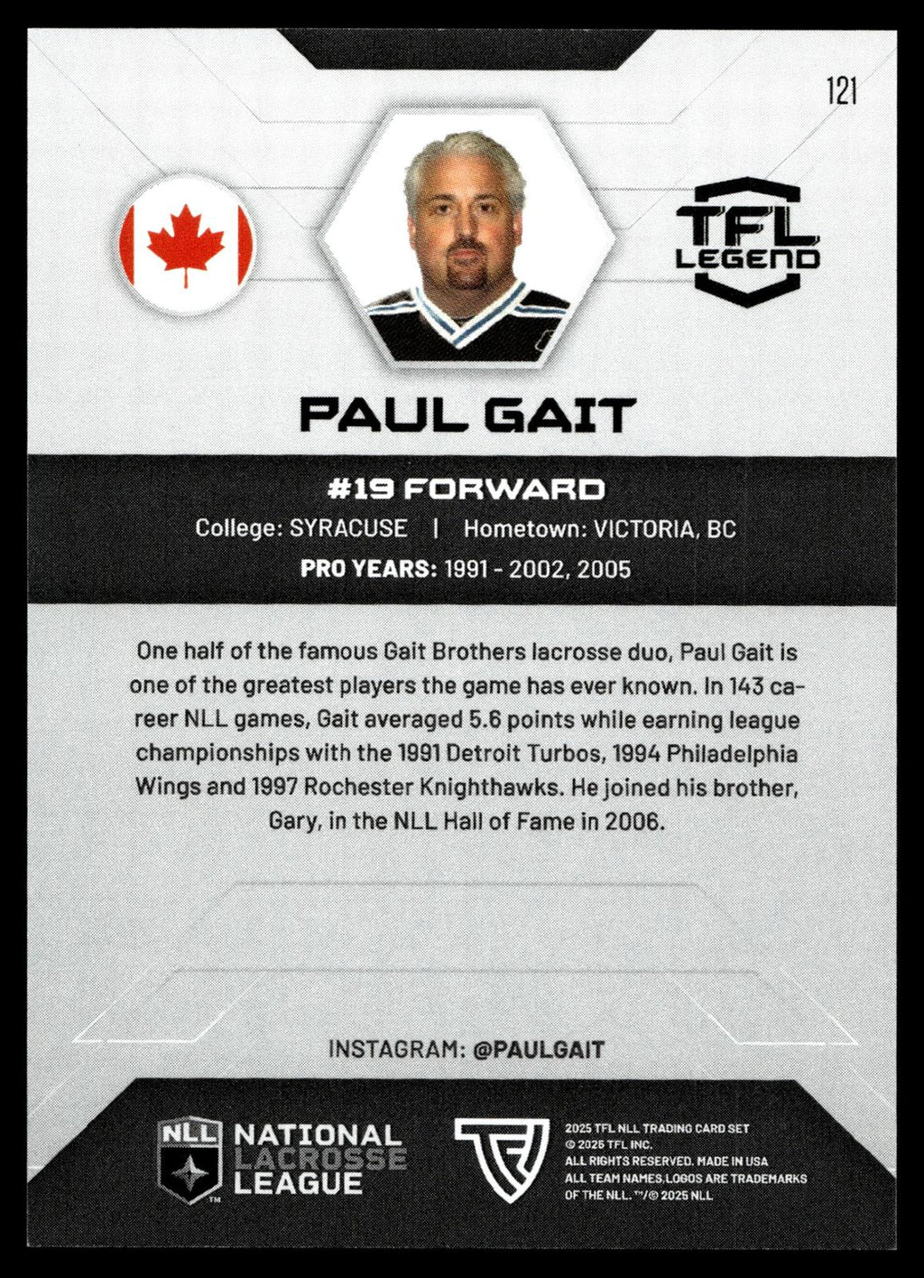 Paul Gait 2025 TFL Sports NLL Rochester Knighthawks Color Match #121
