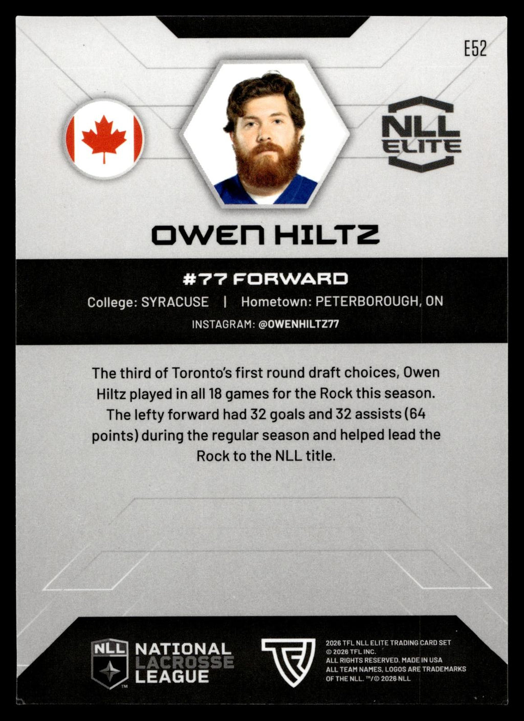 Owen Hiltz 2026 TFL NLL Elite Toronto Rock Home Floor 67/75 #E52