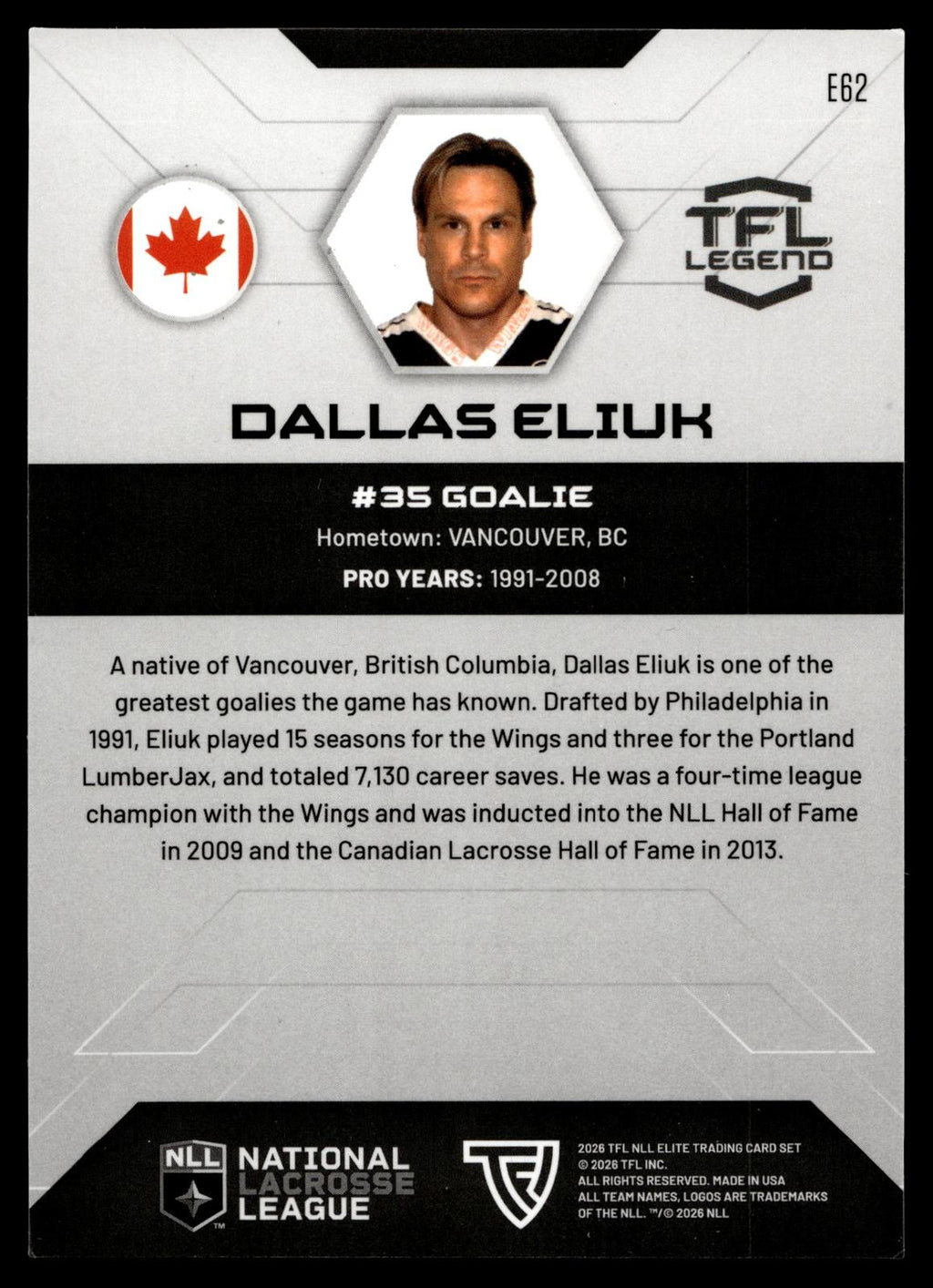 Dallas Eliuk 2026 TFL NLL Elite Philadelphia Wings Home Floor 57/75 #E62