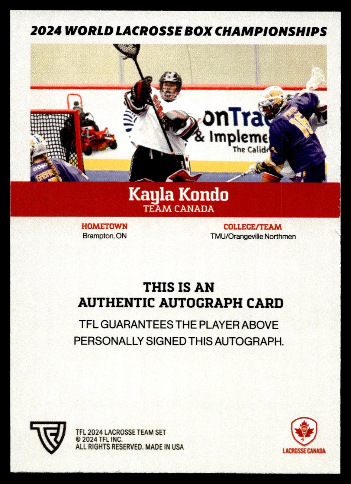 Kayla Kondo 2024 TFL WBLC Team Canada Base Auto