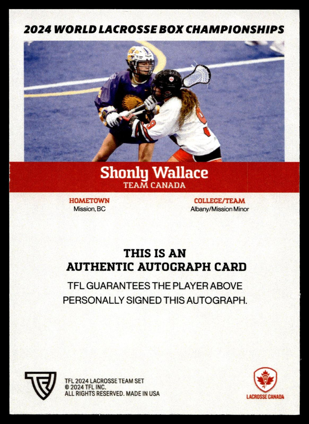 Shonly Wallace 2024 TFL WBLC Team Canada Base Auto