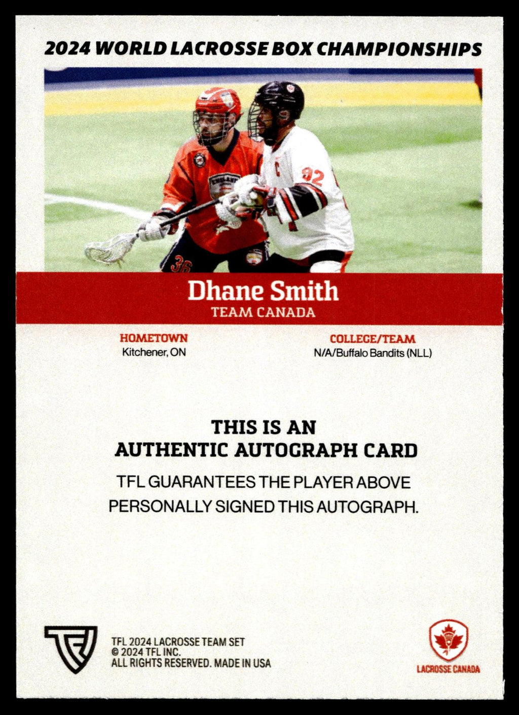 Dhane Smith 2024 TFL WBLC Team Canada Base Auto