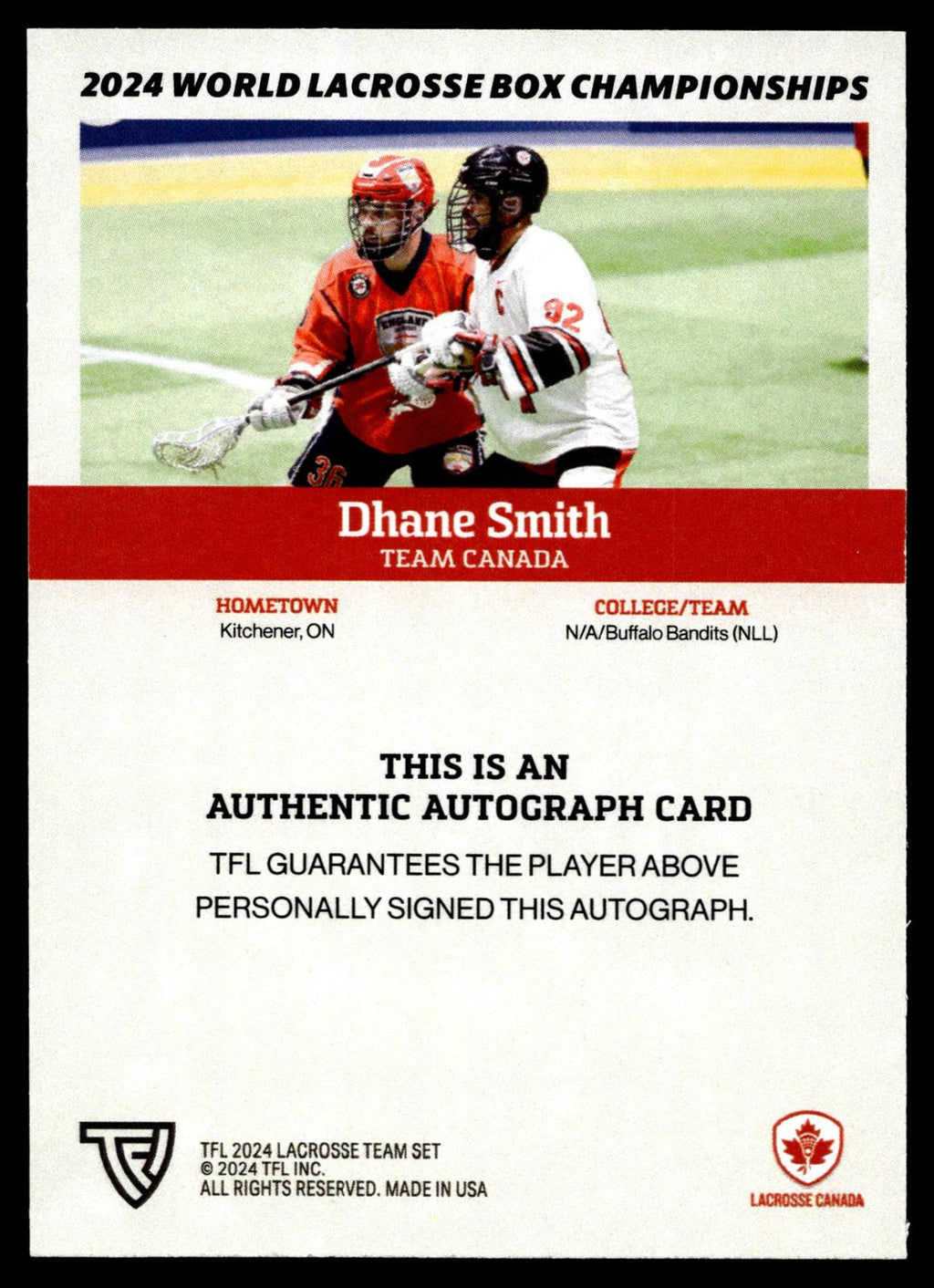 Dhane Smith 2024 TFL WBLC Team Canada Base Auto