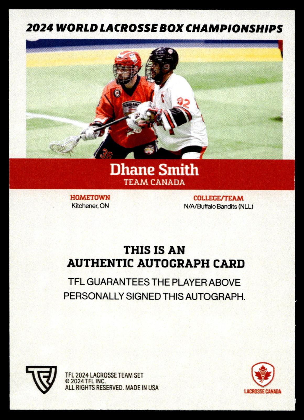 Dhane Smith 2024 TFL WBLC Team Canada Base Auto