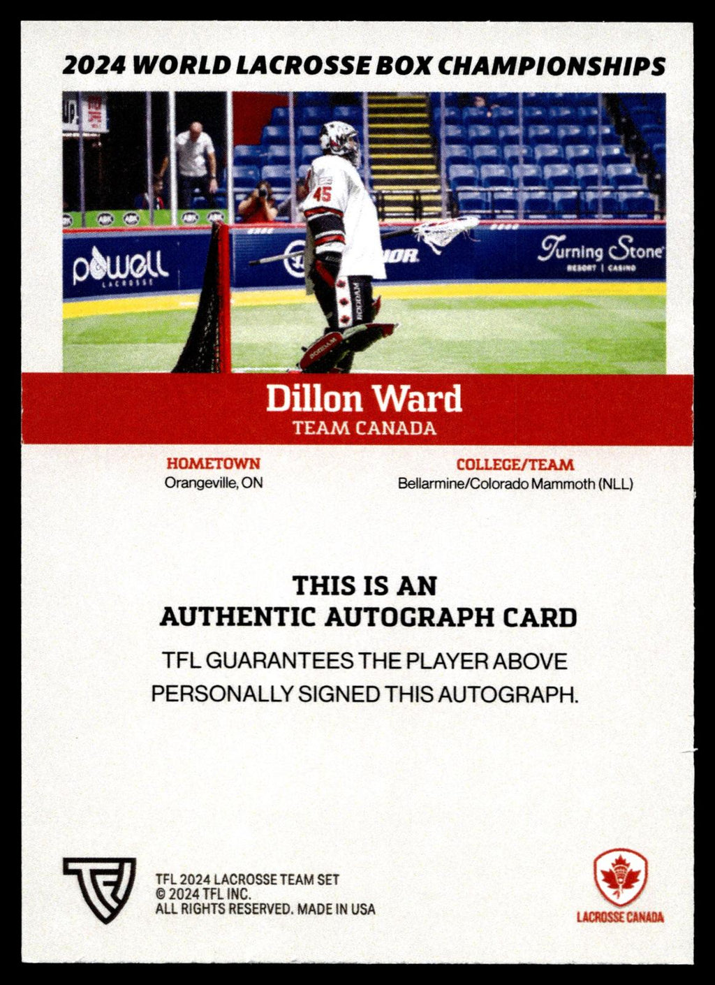 Dillon Ward 2024 TFL WBLC Team Canada Base Auto