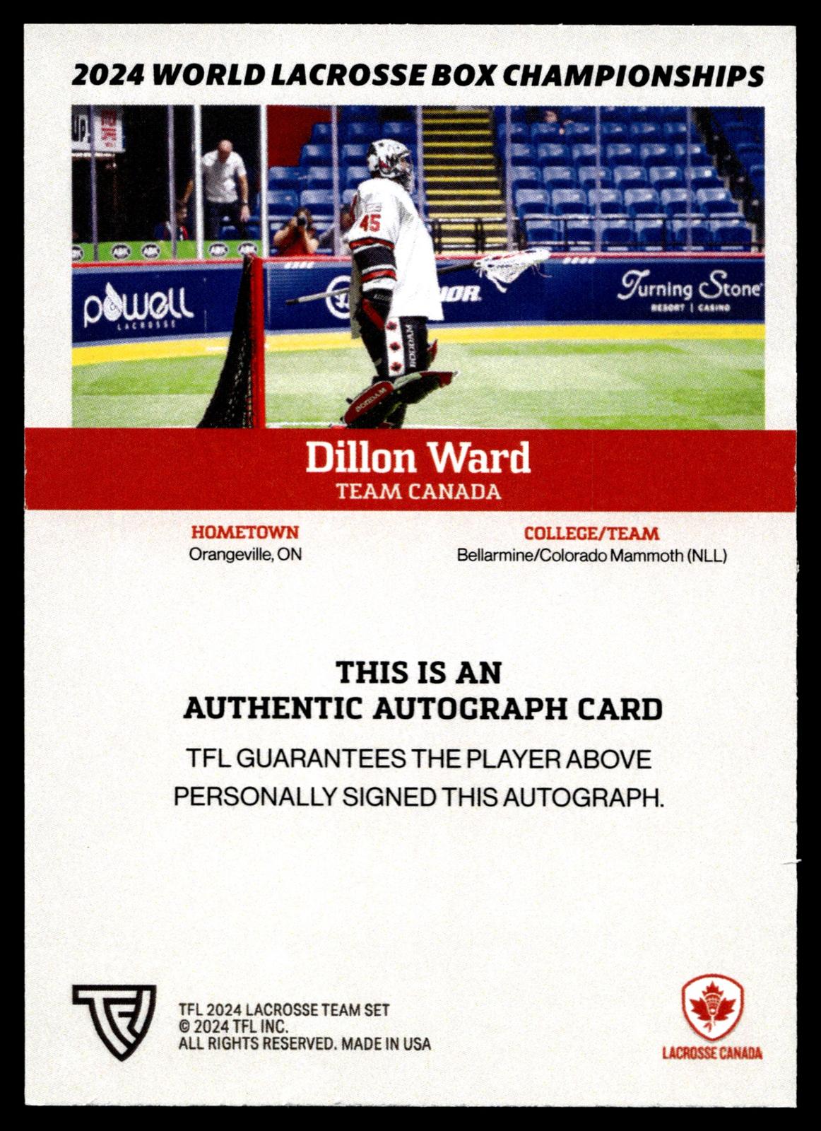 Dillon Ward 2024 TFL WBLC Team Canada Base Auto