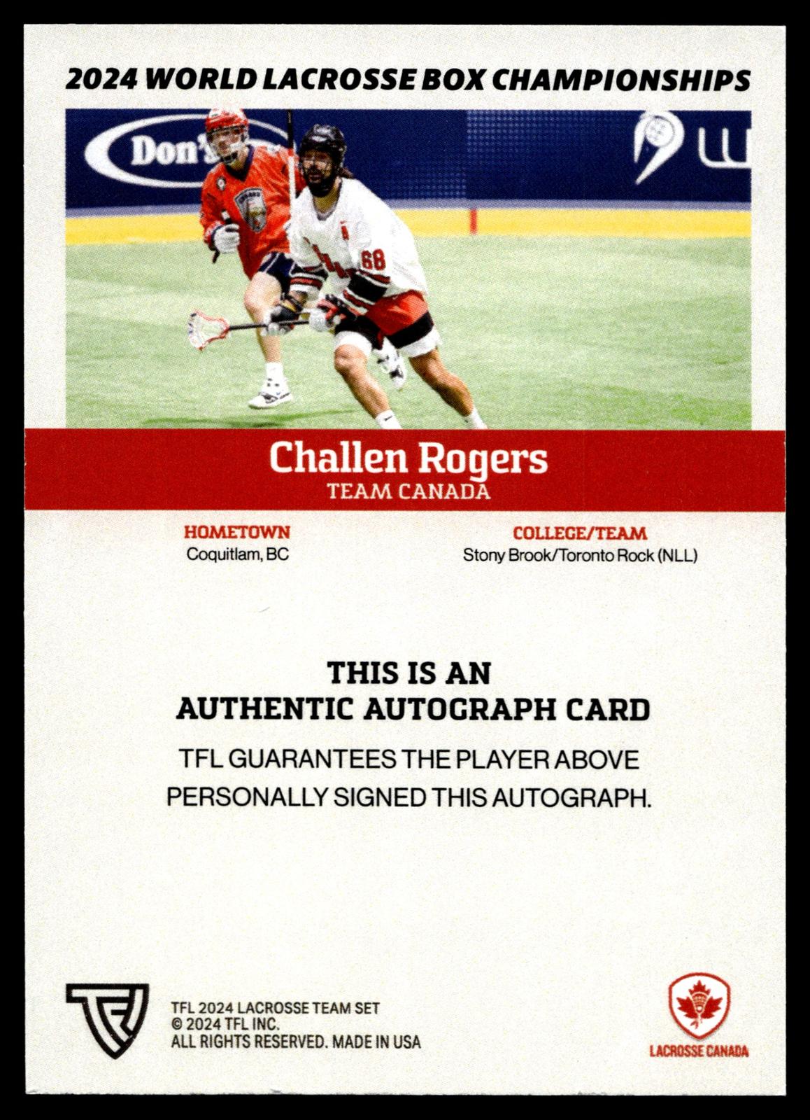 Challen Rogers 2024 TFL WBLC Team Canada Base Auto