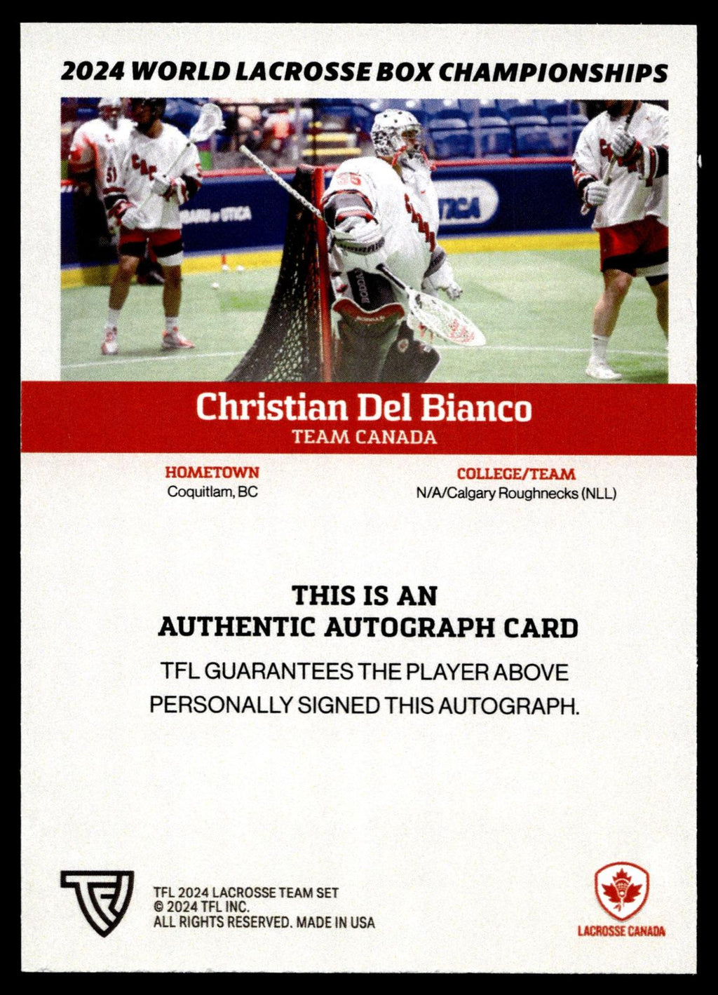 Christian Del Bianco 2024 TFL WBLC Team Canada Base Auto