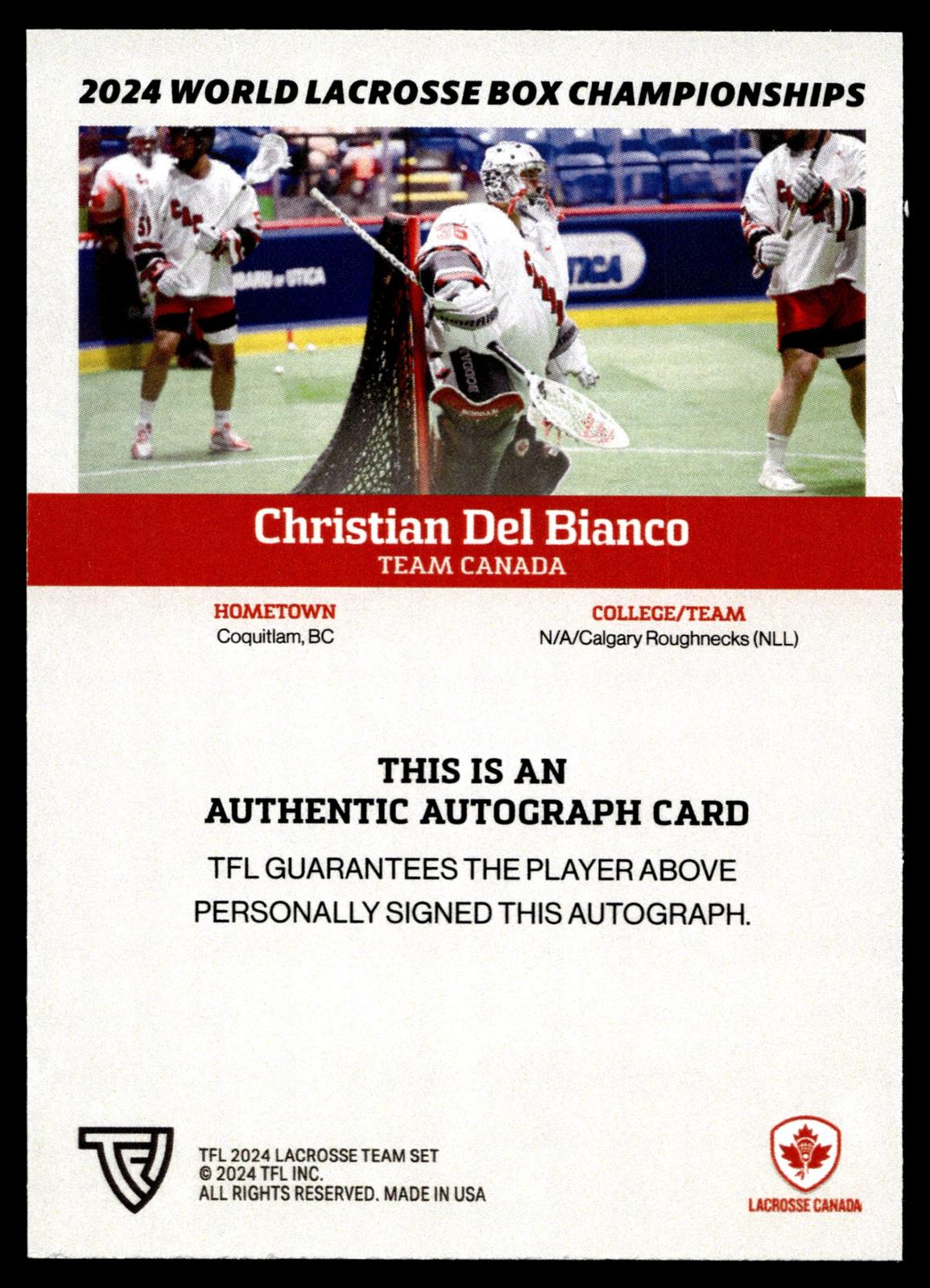 Christian Del Bianco 2024 TFL WBLC Team Canada Base Auto