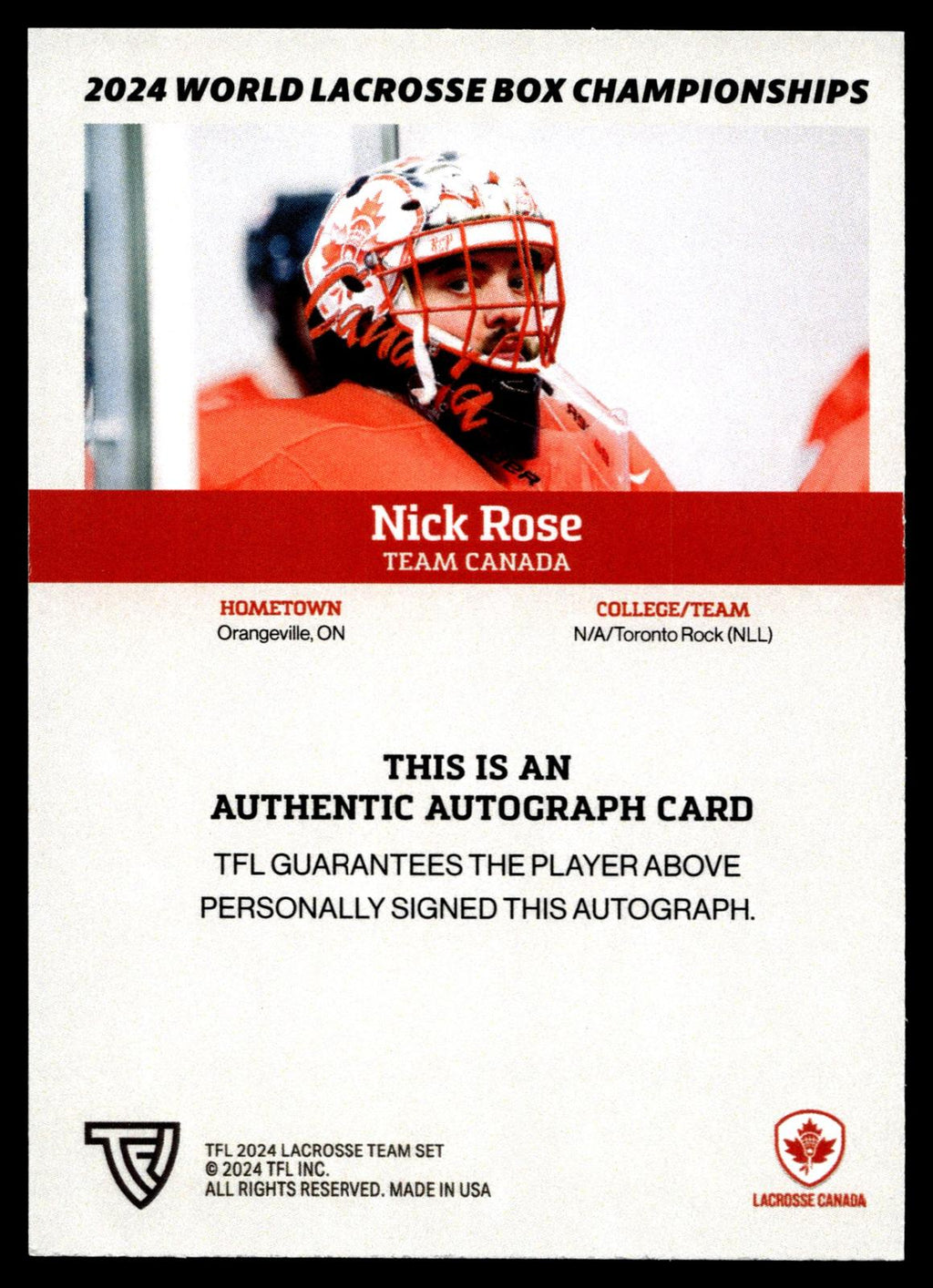 Nick Rose 2024 TFL WBLC Team Canada Base Auto