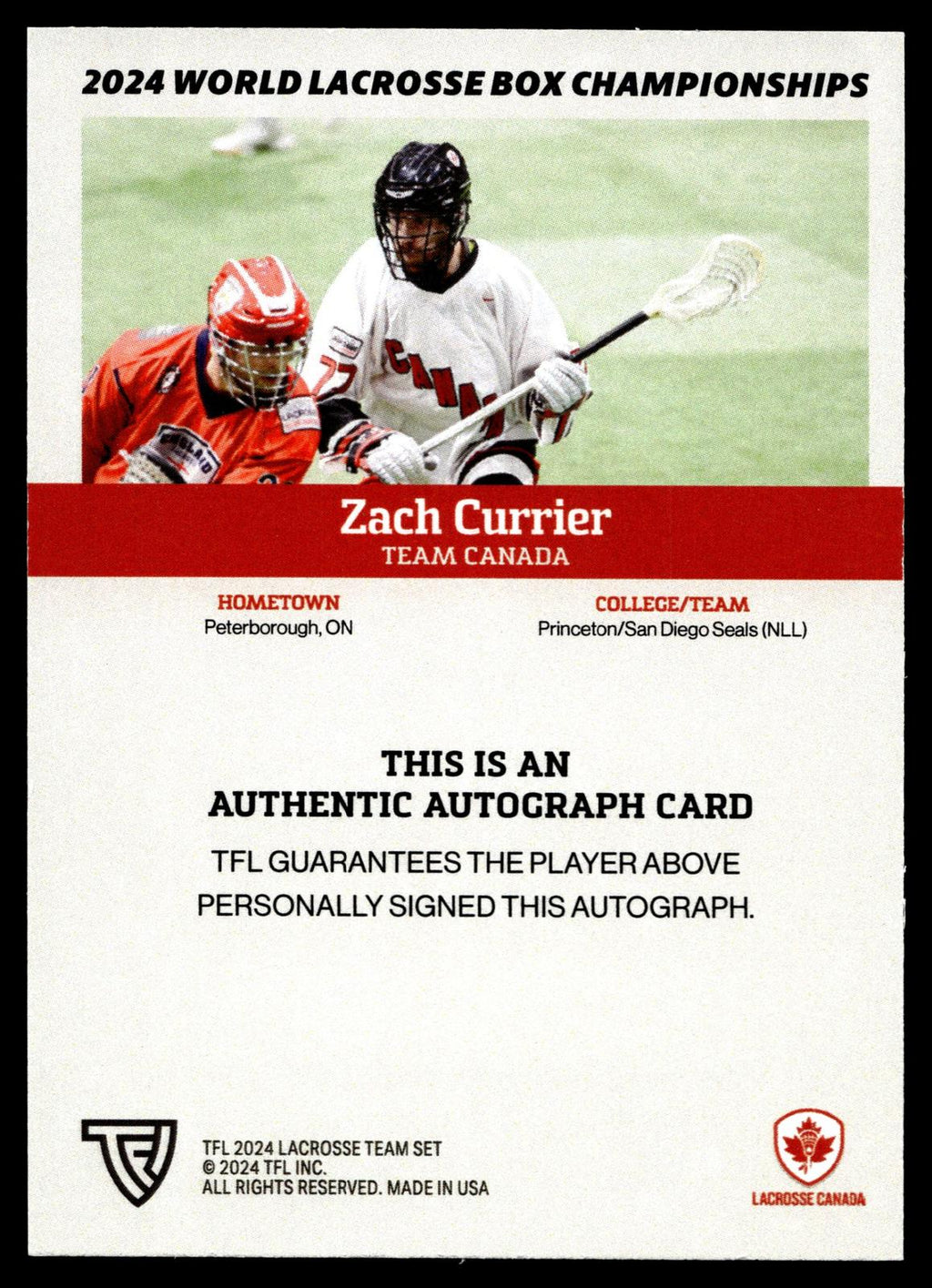 Zach Currier 2024 TFL WBLC Team Canada Base Auto