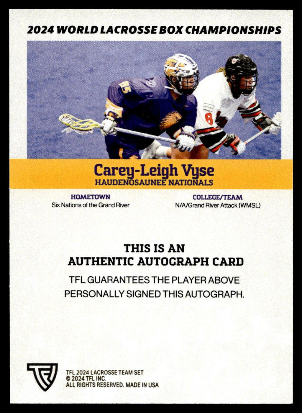 Carey-Leigh Vyse 2024 TFL WBLC Team Haudenosuanee Base Auto