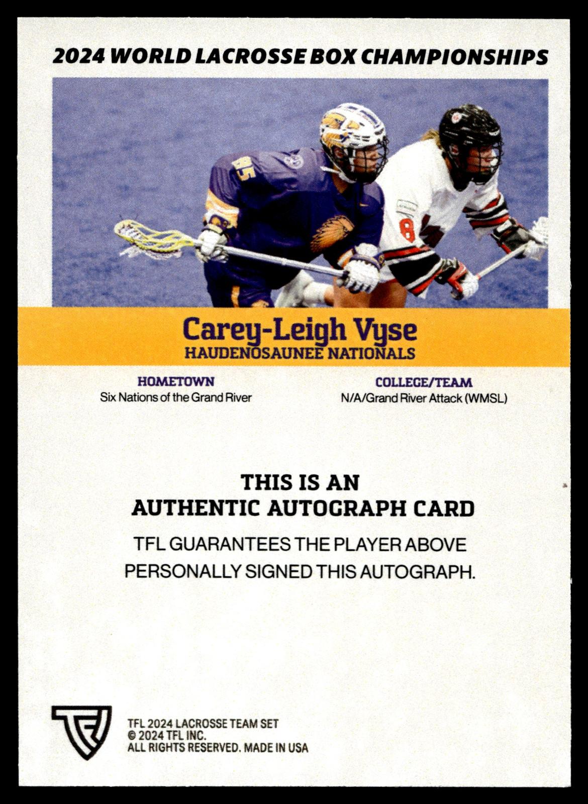 Carey-Leigh Vyse 2024 TFL WBLC Team Haudenosuanee Base Auto
