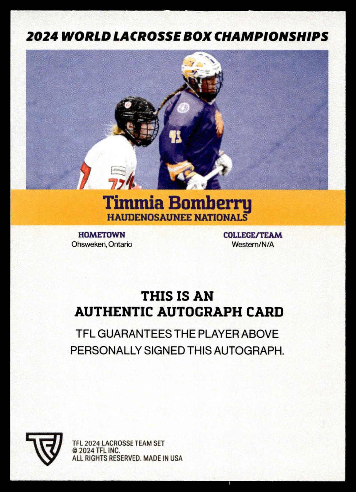 Timmia Bomberry 2024 TFL WBLC Team Haudenosuanee Base Auto
