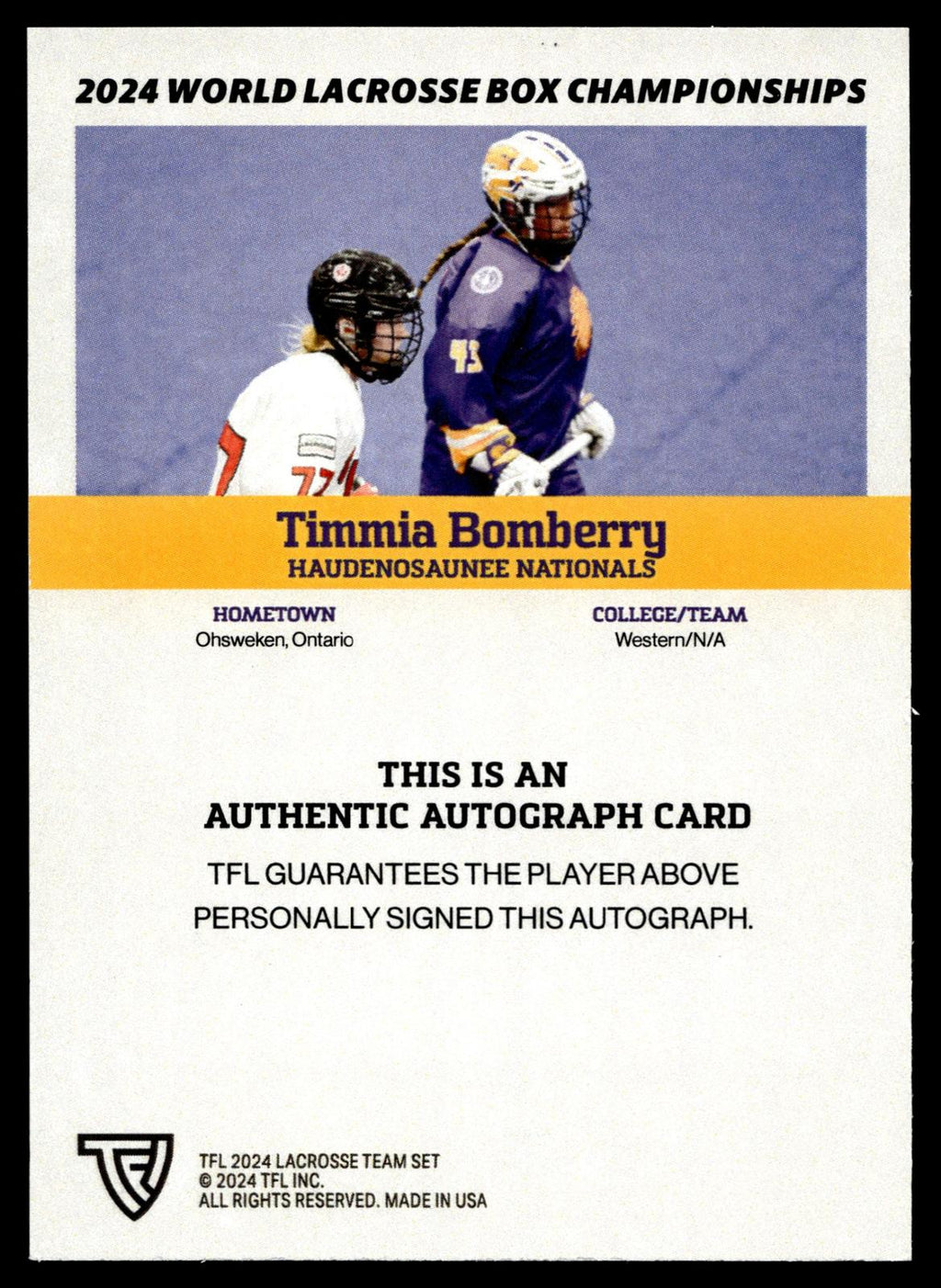Timmia Bomberry 2024 TFL WBLC Team Haudenosuanee Base Auto
