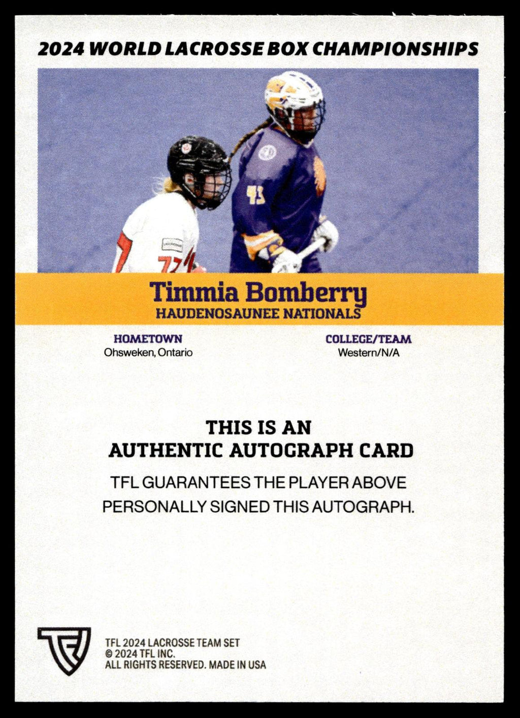Timmia Bomberry 2024 TFL WBLC Team Haudenosuanee Base Auto
