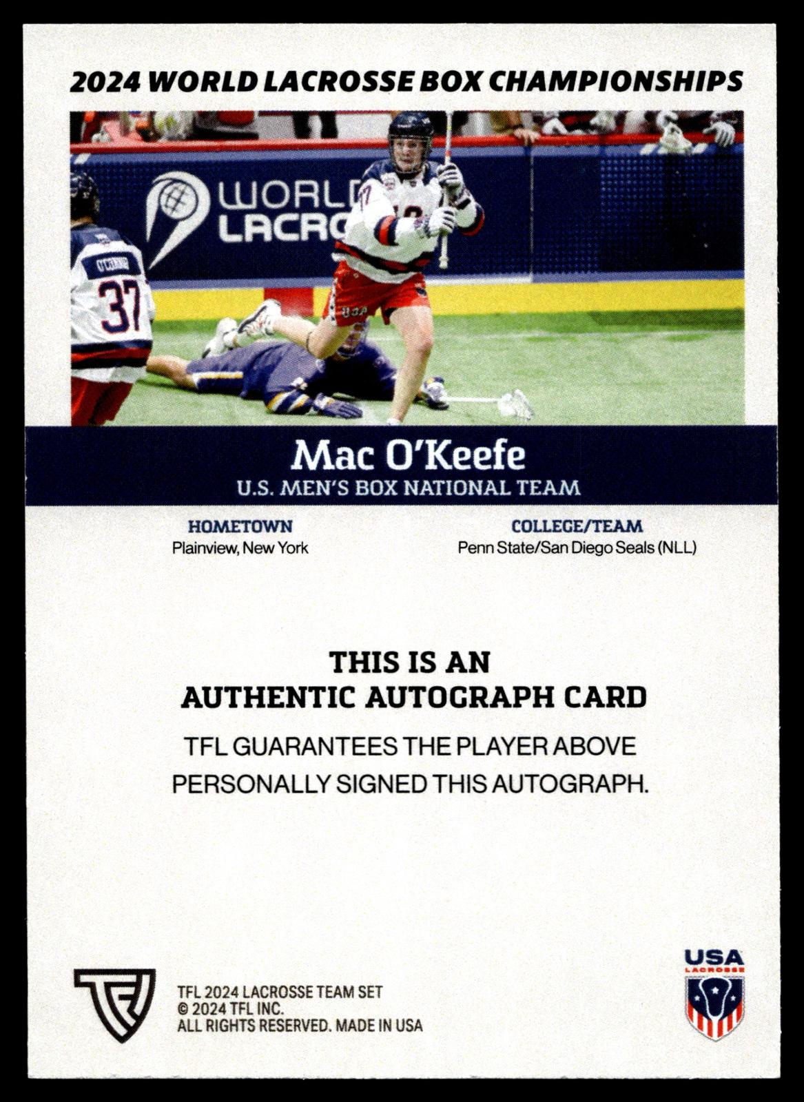 Mac O'Keefe 2024 TFL WBLC Team USA Base Auto