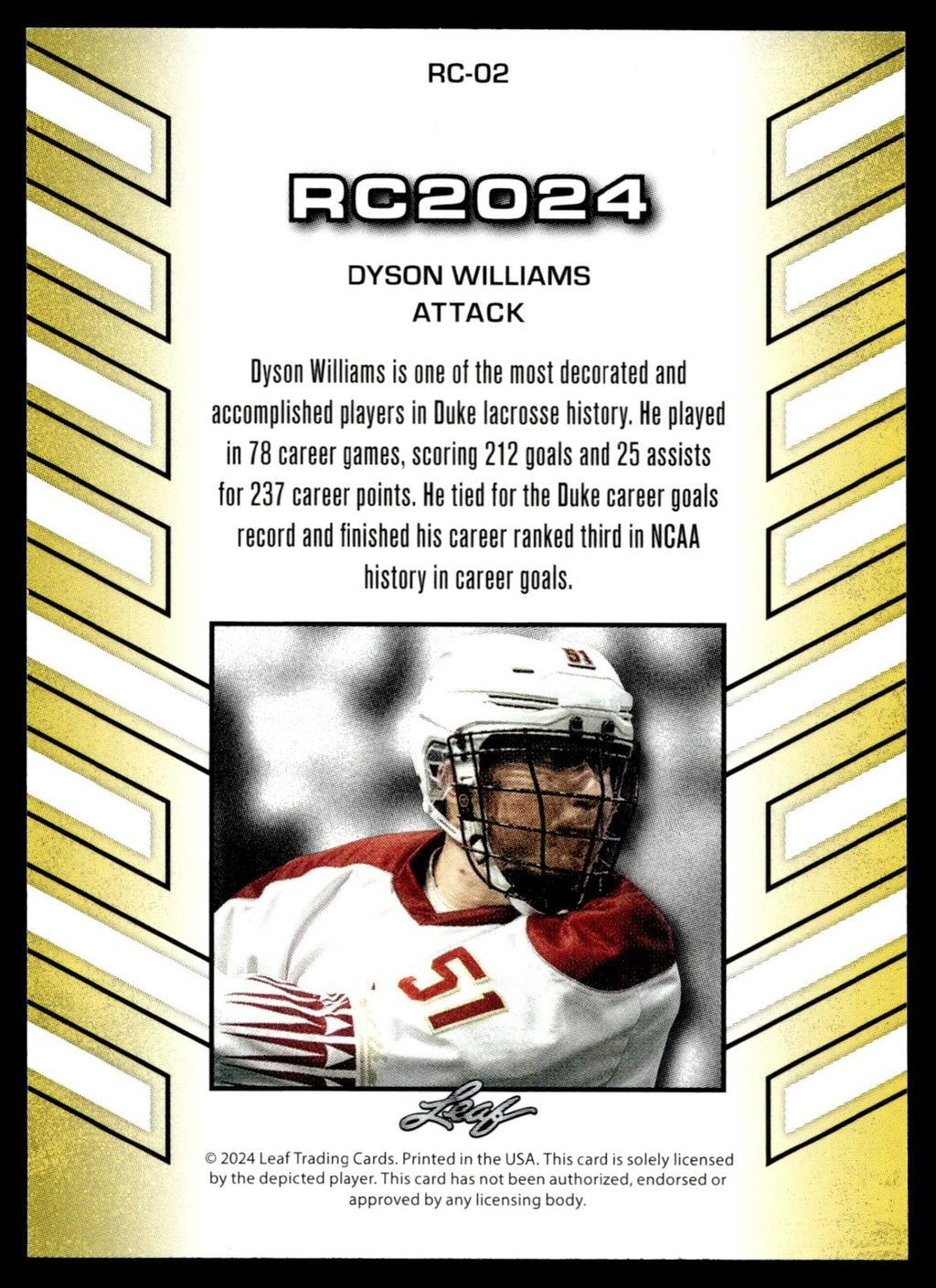 Dyson Williams 2024 Leaf Rookie Cards Albany Firewolves #RC-02