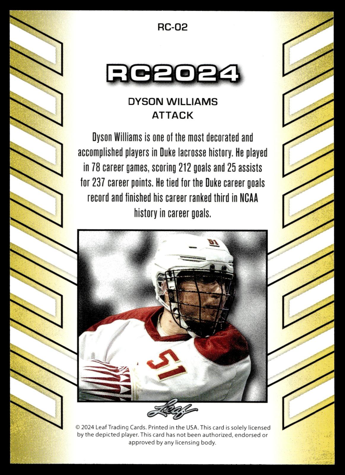 Dyson Williams 2024 Leaf Rookie Cards Albany Firewolves #RC-02