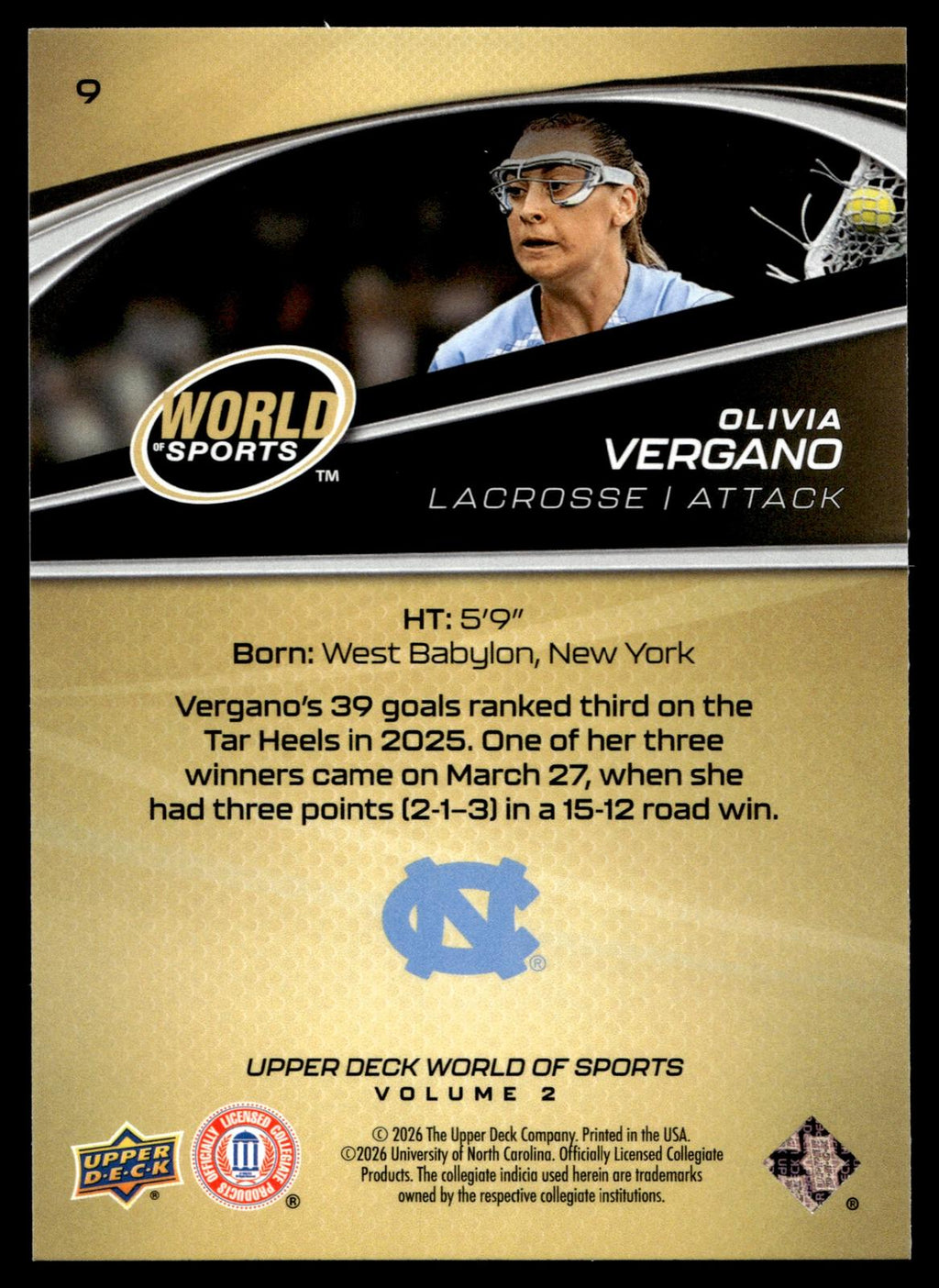 Olivia Vergano 2026 Upper Deck WOS Volume 2 North Carolina #9
