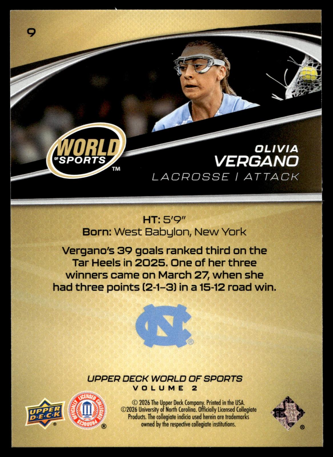 Olivia Vergano 2026 Upper Deck WOS Volume 2 North Carolina #9