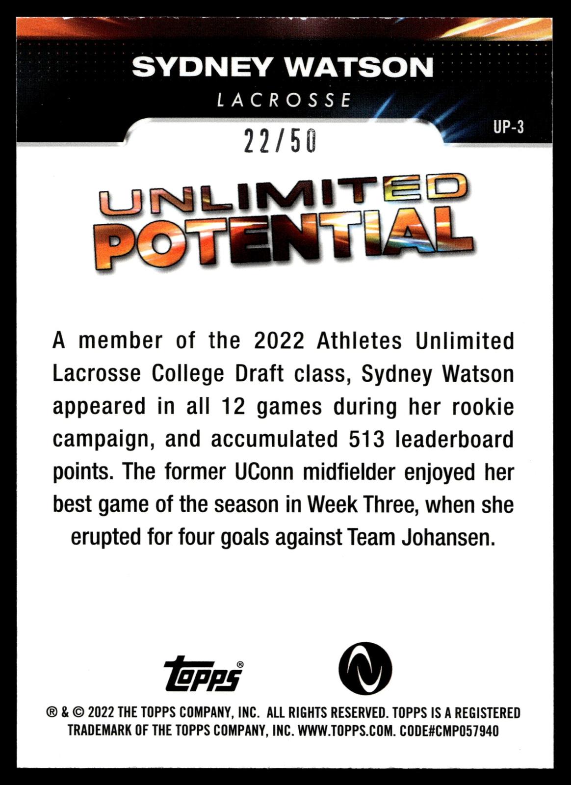 Sydney Watson 2022 Topps Athletes Unlimited Unlimited Potential Rainbow 22/50 #UP-3