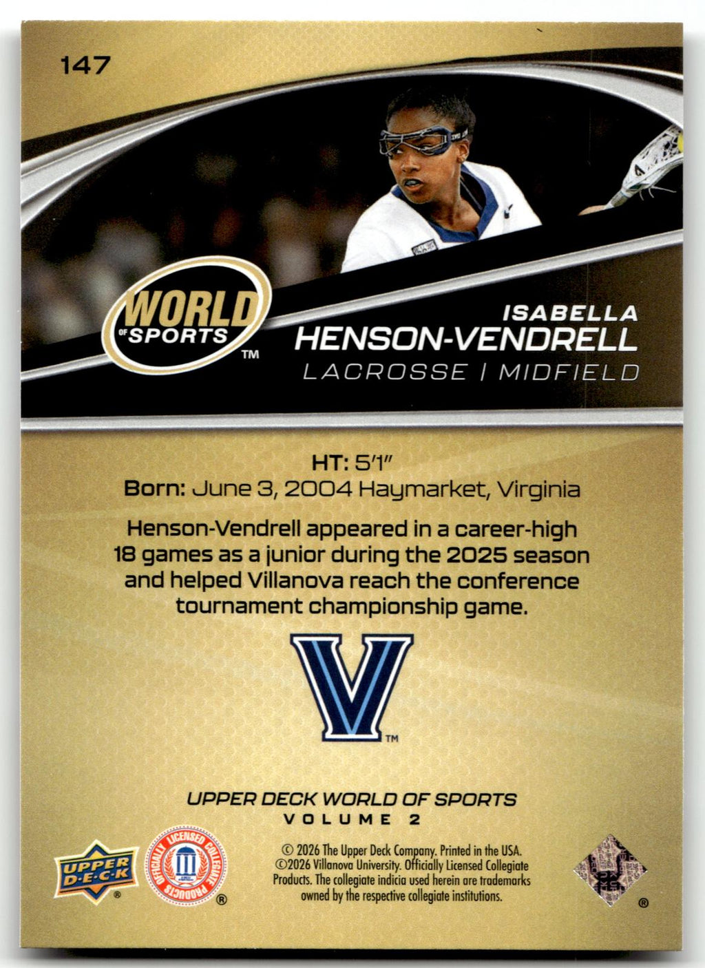 Isabella Henson-Vendrell 2026 Upper Deck WOS Volume 2 Villanova #147