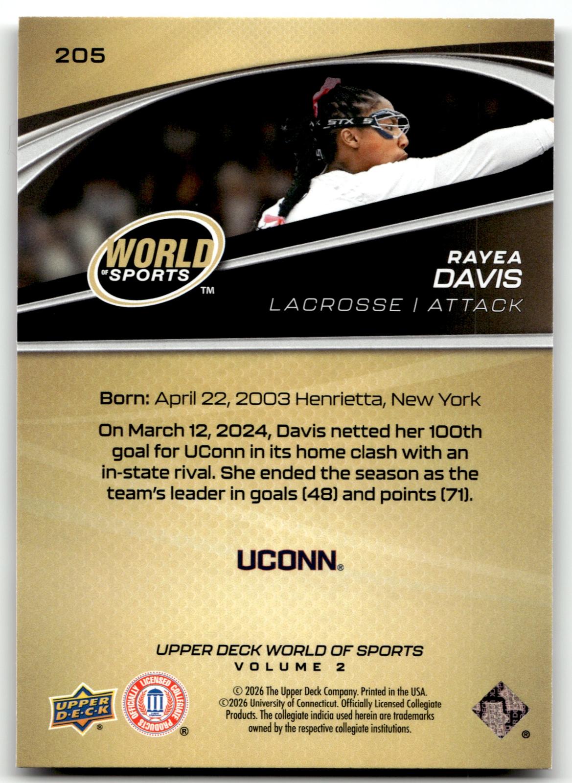 Rayea Davis 2026 Upper Deck WOS Volume 2 UConn #205