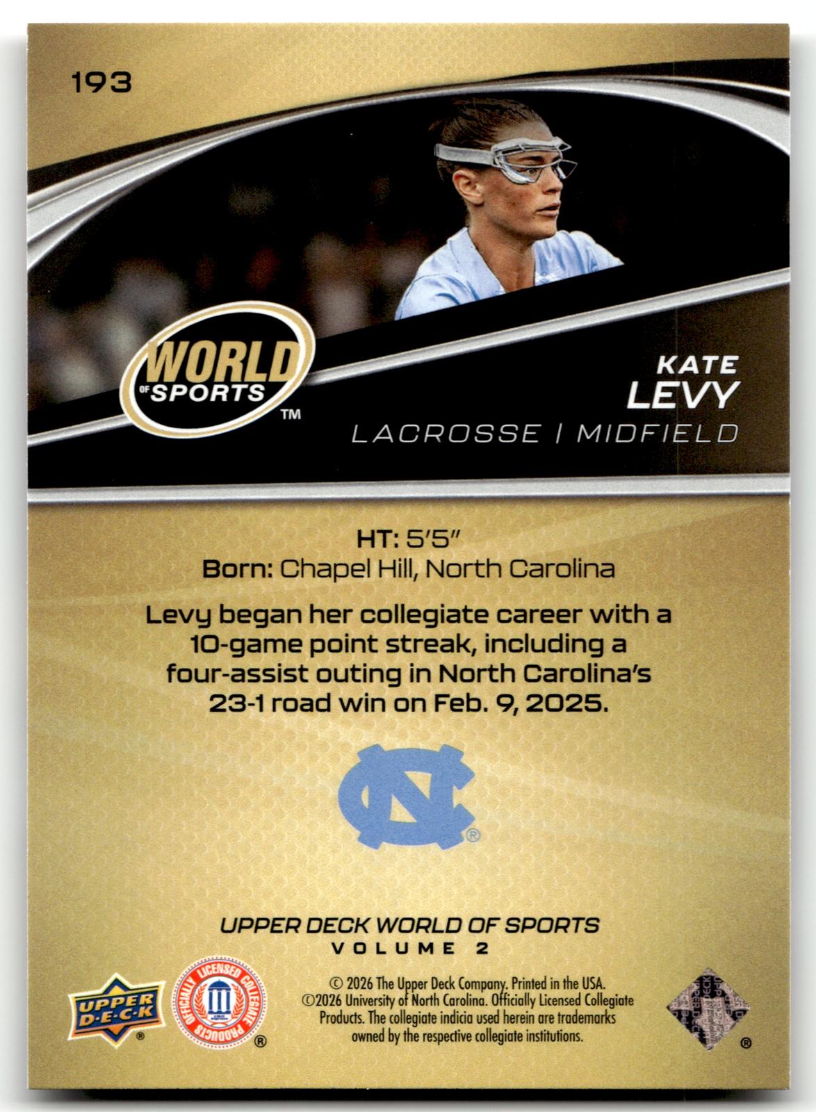 Kate Levy 2026 Upper Deck WOS Volume 2 North Carolina #193