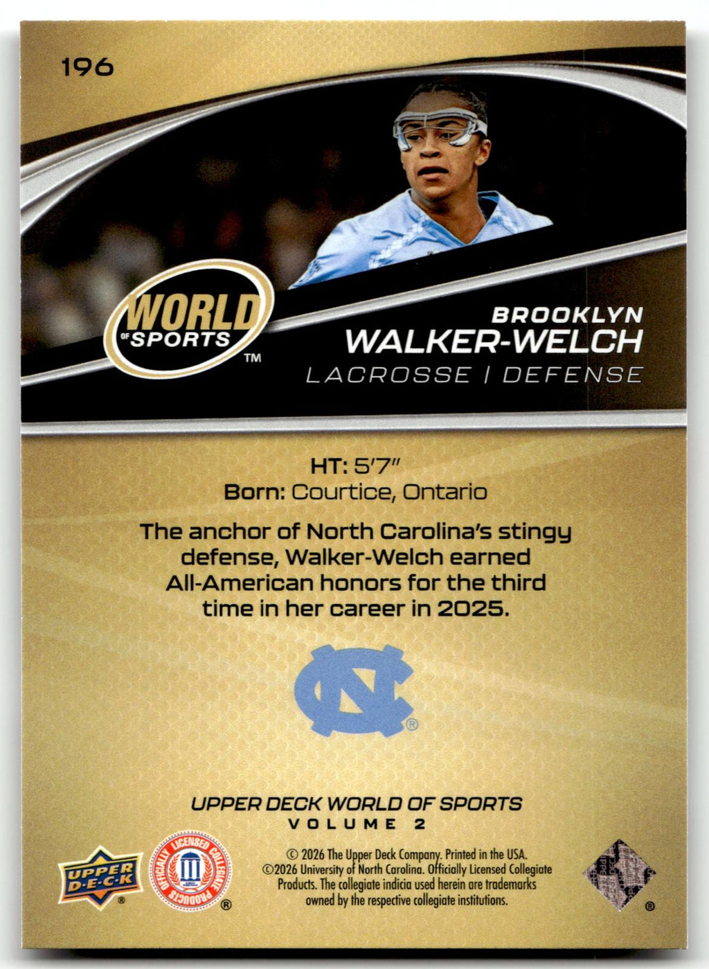 Brooklyn Walker-Welch 2026 Upper Deck WOS Volume 2 North Carolina #196