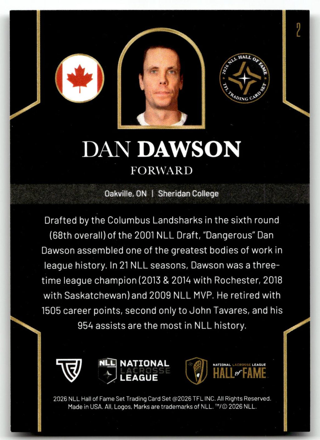 Dan Dawson 2026 TFL NLL HOF Rochester Knighthawks Base #2