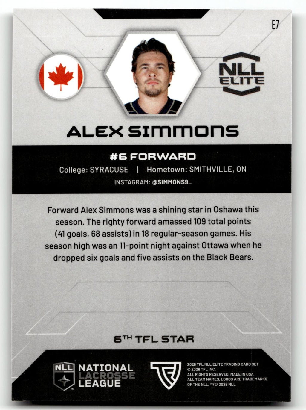 Alex Simmons 2026 TFL NLL Elite Oshawa Firewolves Home Floor 34/75 #E7