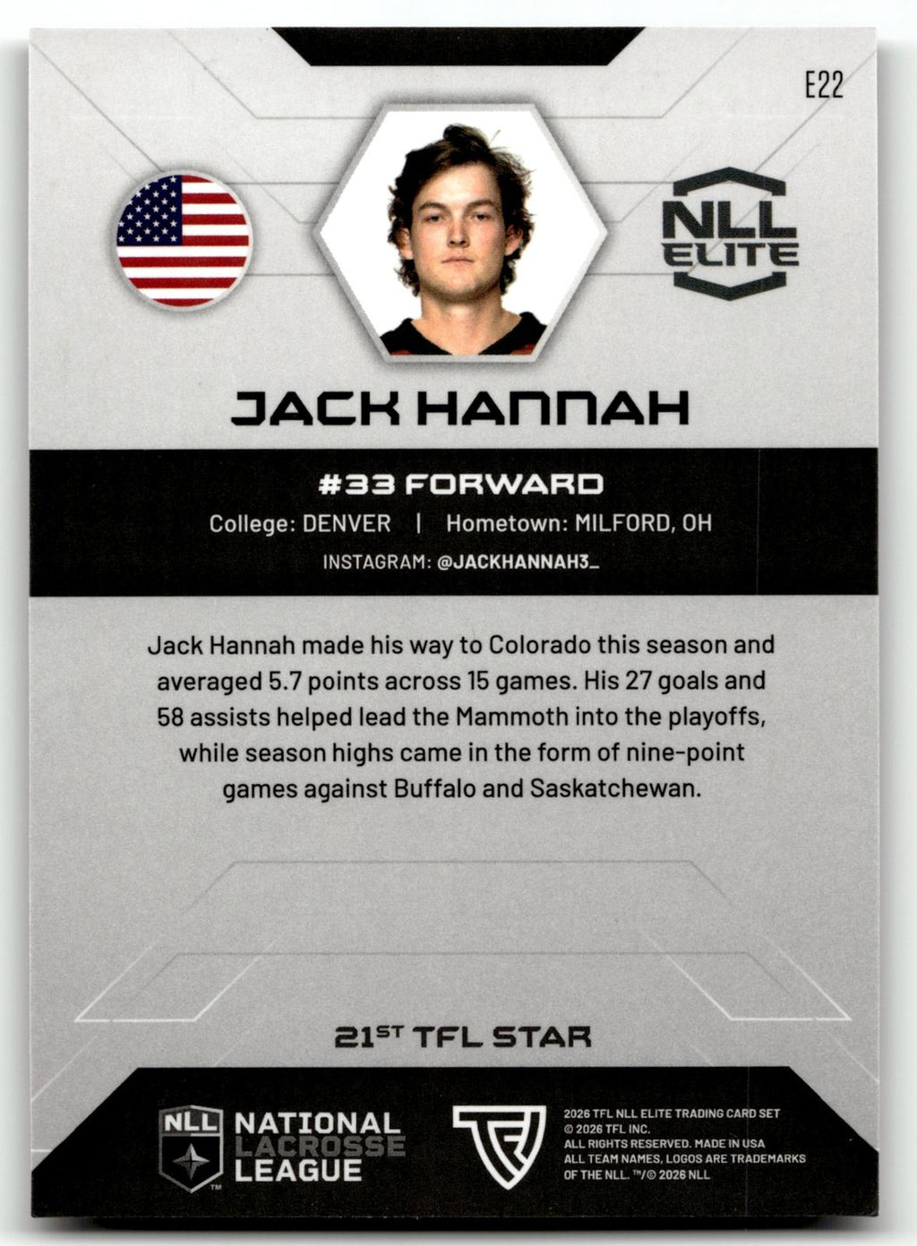 Jack Hannah 2026 TFL NLL Elite Colorado Mammoth Home Floor 50/75 #E22