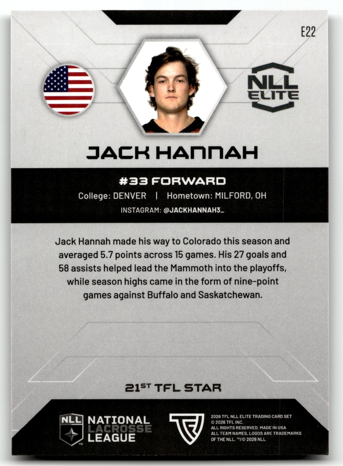 Jack Hannah 2026 TFL NLL Elite Colorado Mammoth Home Floor 50/75 #E22