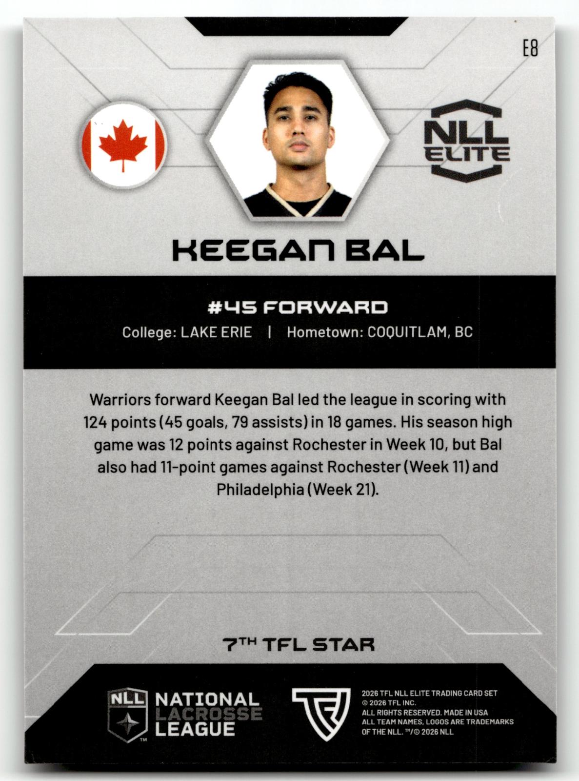 Keegan Bal 2026 TFL NLL Elite Vancouver Warriors Home Floor 55/75 #E8