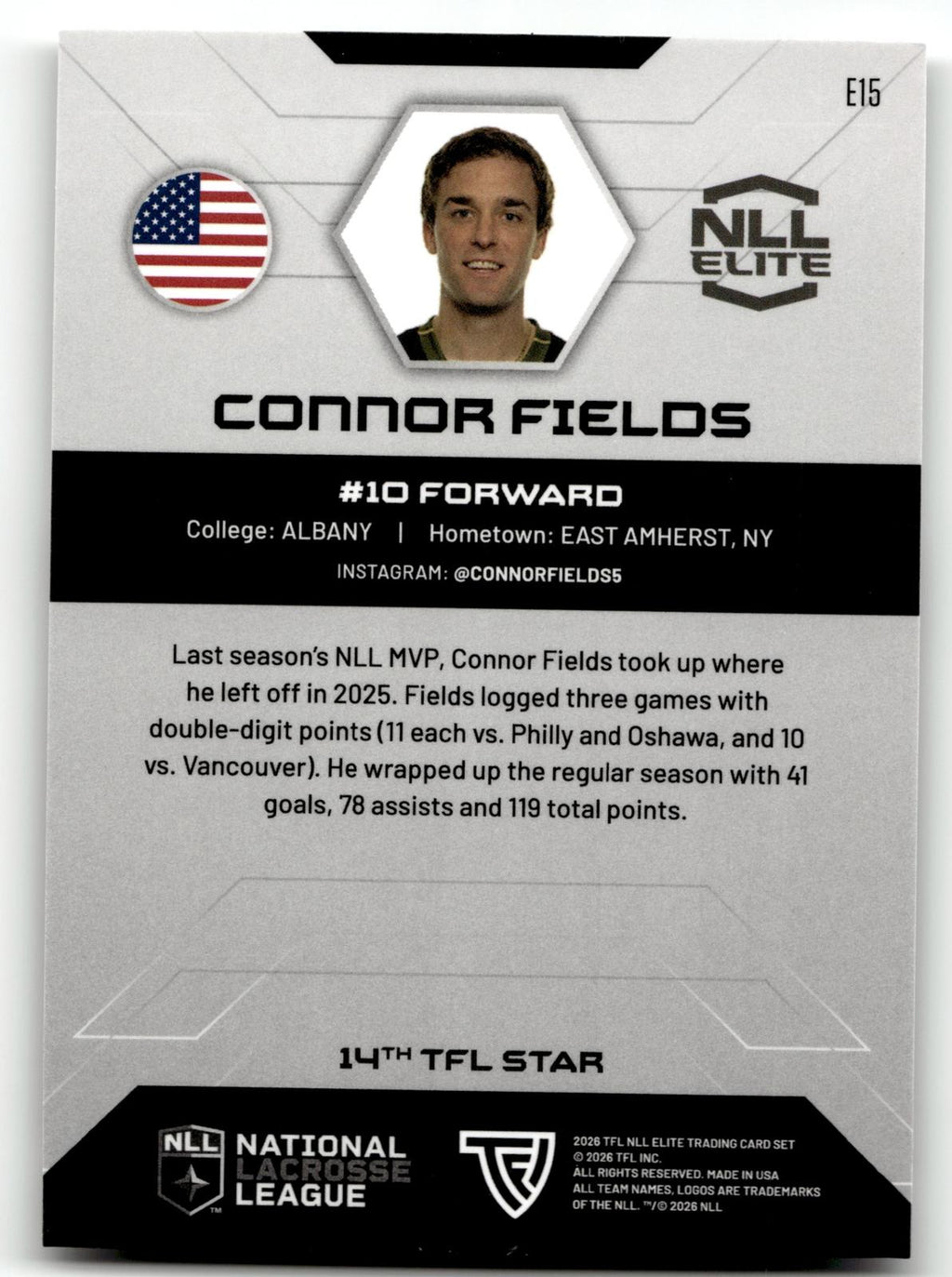 Connor Fields 2026 TFL NLL Elite Rochester Knighthawks Color Match #E15