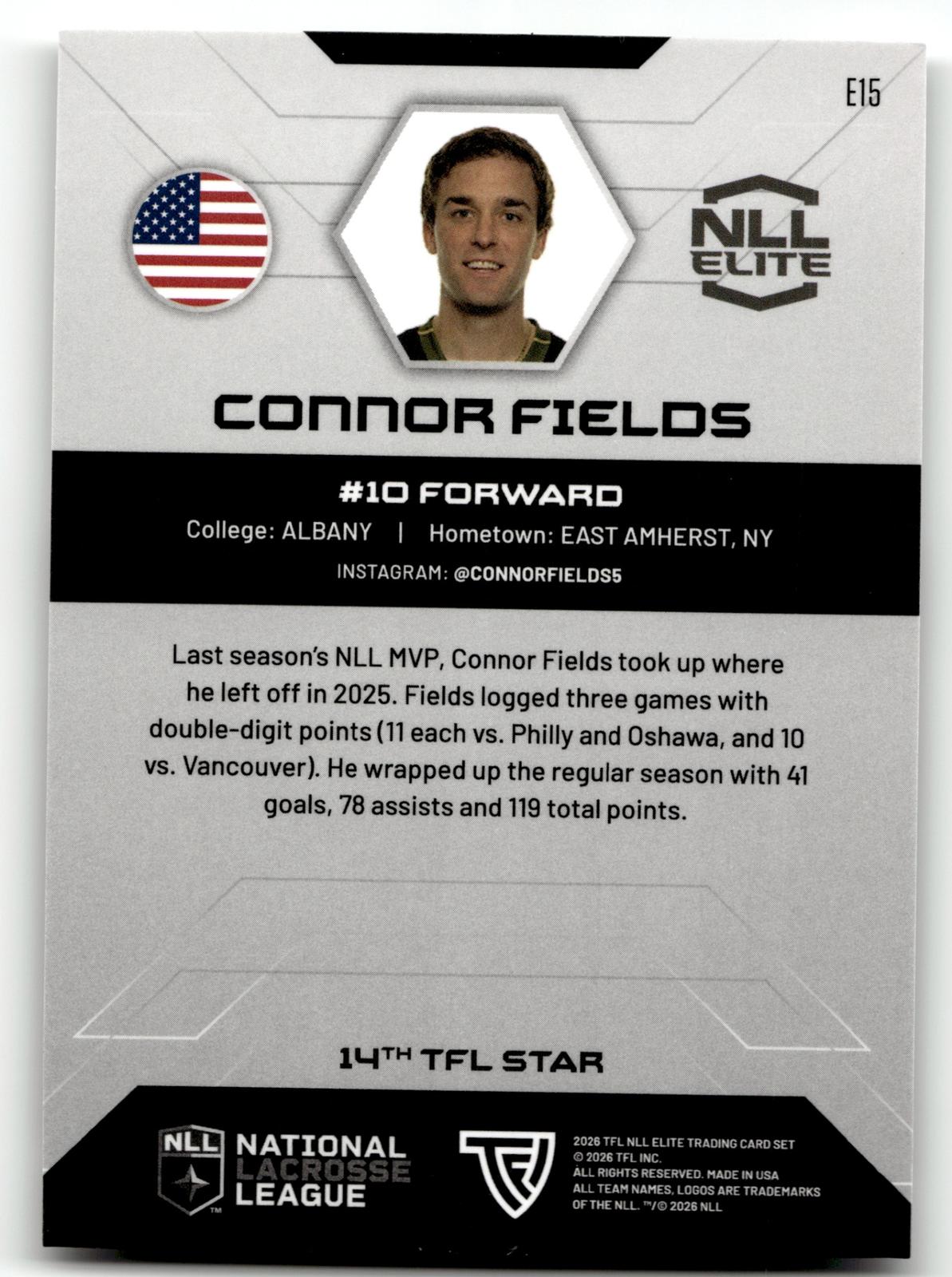 Connor Fields 2026 TFL NLL Elite Rochester Knighthawks Color Match #E15