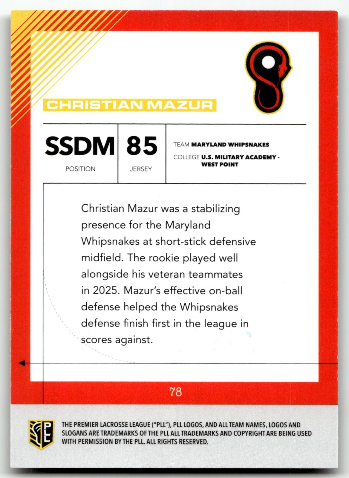 Christian Mazur 2026 PLL Fieldside II Maryland Whipsnakes Base Auto #78