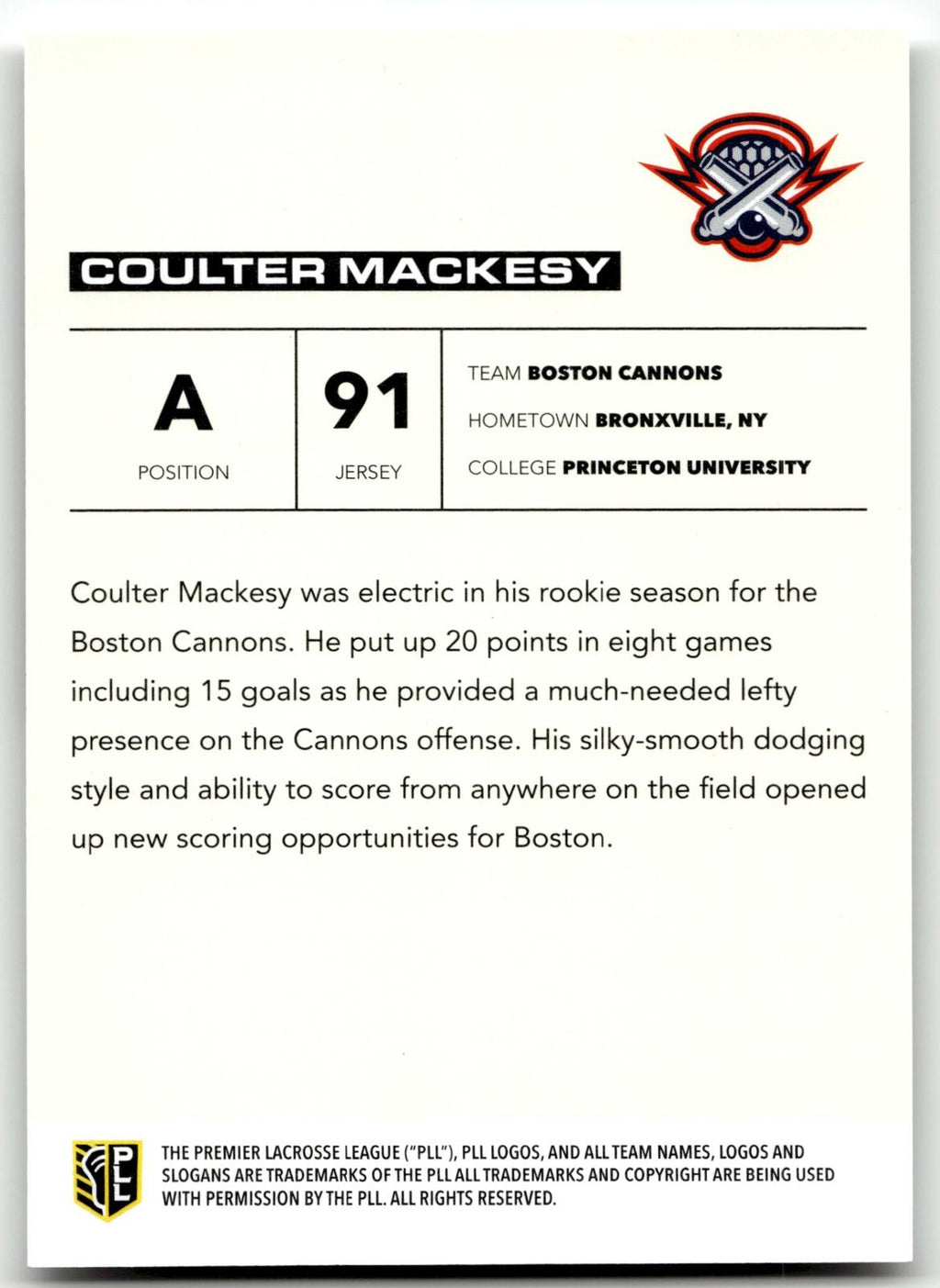 Coulter Mackesy 2025 PLL Flagship Boston Cannons Base Auto #7