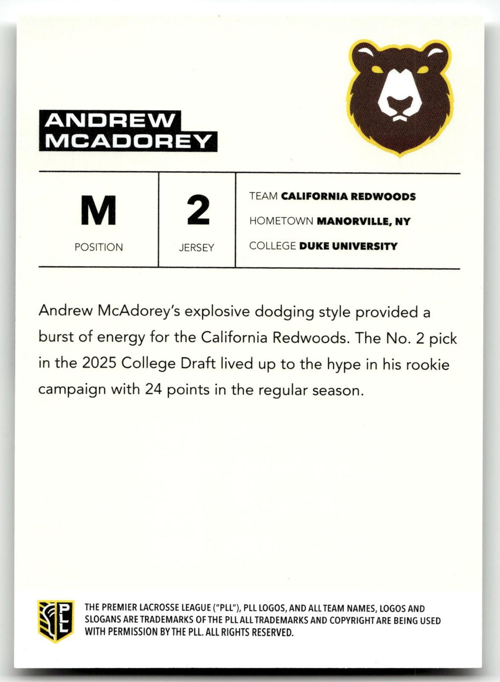 Andrew Mcadorey 2025 PLL Flagship California Redwoods Base Auto #34