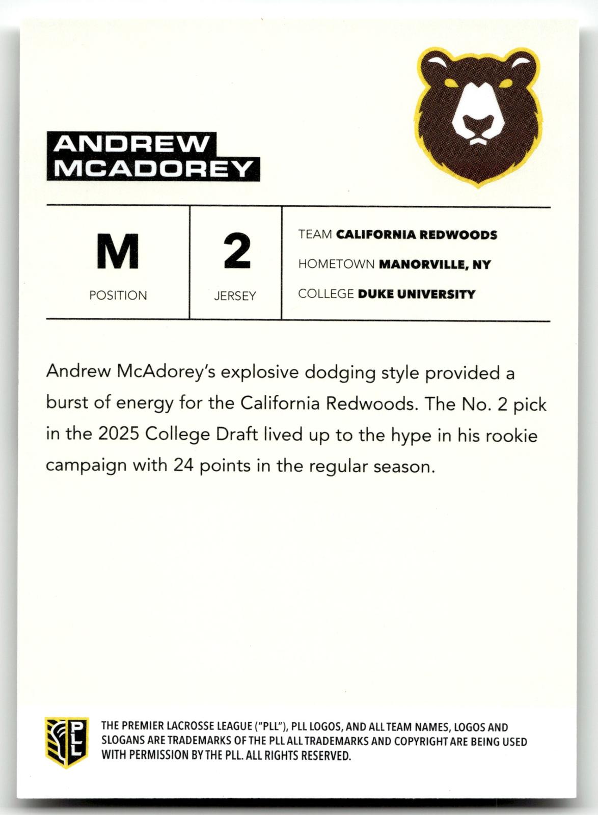 Andrew Mcadorey 2025 PLL Flagship California Redwoods Base Auto #34