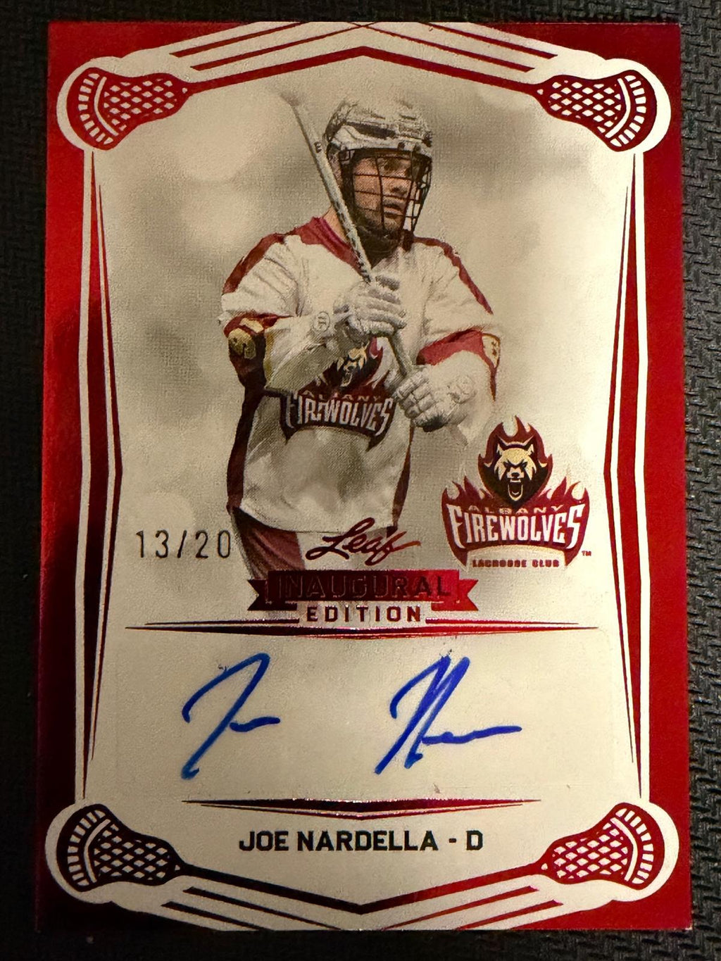 Joe Nardella 2025 Leaf NLL Inaugural Albany Firewolves Red Auto 13/20 #BA-JN1