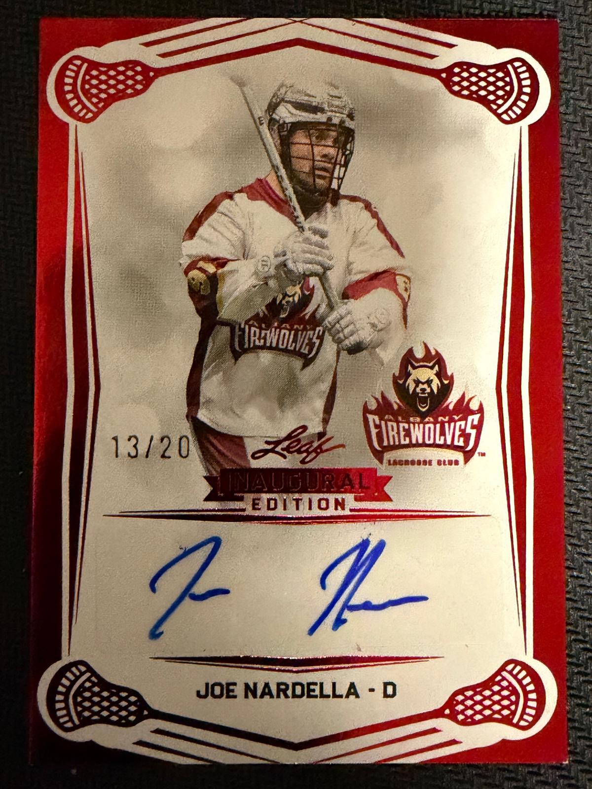 Joe Nardella 2025 Leaf NLL Inaugural Albany Firewolves Red Auto 13/20 #BA-JN1