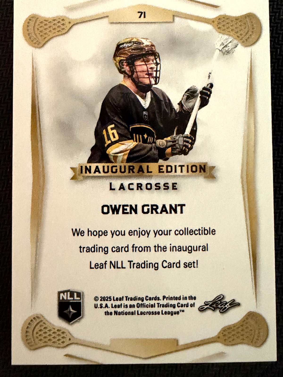 Owen Grant 2025 Leaf NLL Inaugural Vancouver Warriors Rose Gold 11/50 #71