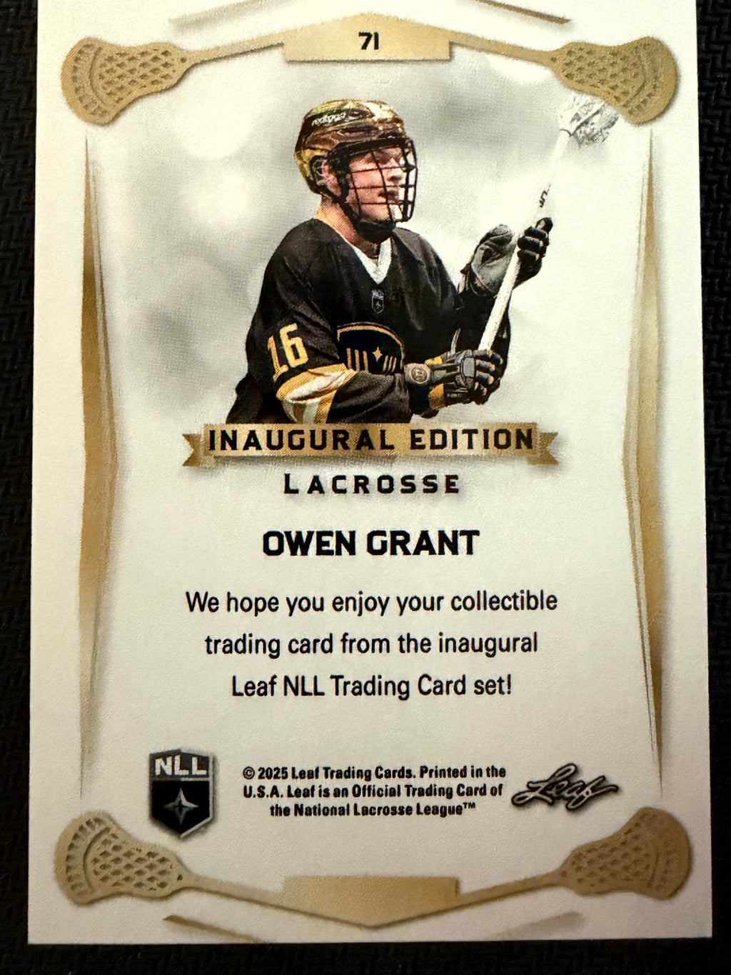 Owen Grant 2025 Leaf NLL Inaugural Vancouver Warriors Rose Gold 42/50 #71