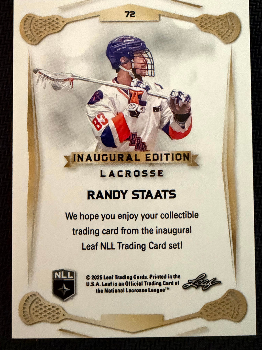 Randy Staats 2025 Leaf NLL Inaugural Halifax Thunderbirds Rose Gold 16/50 #72