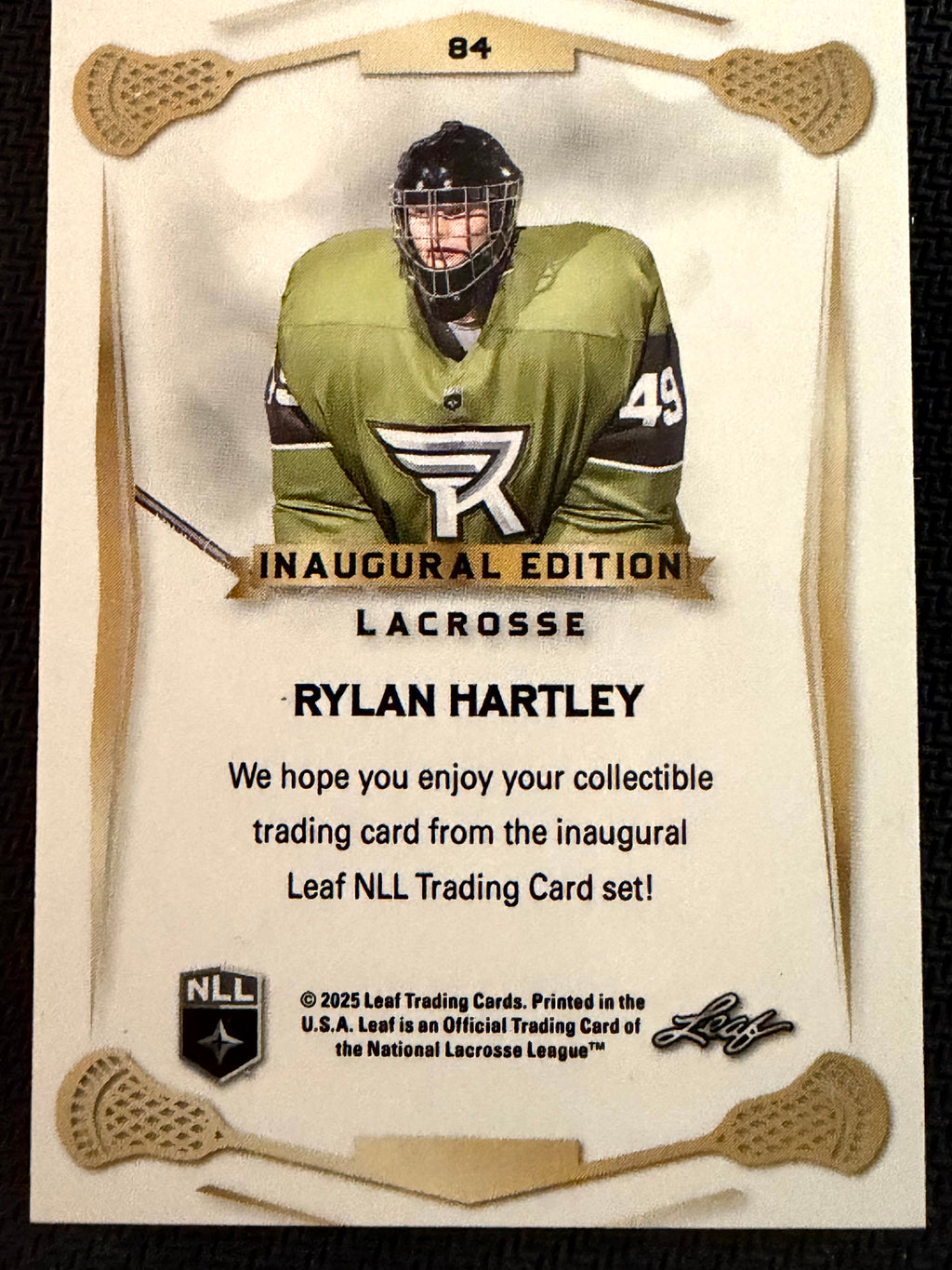 Rylan Hartley 2025 Leaf NLL Inaugural Rochester Nighthawks Rose Gold 22/50 #84